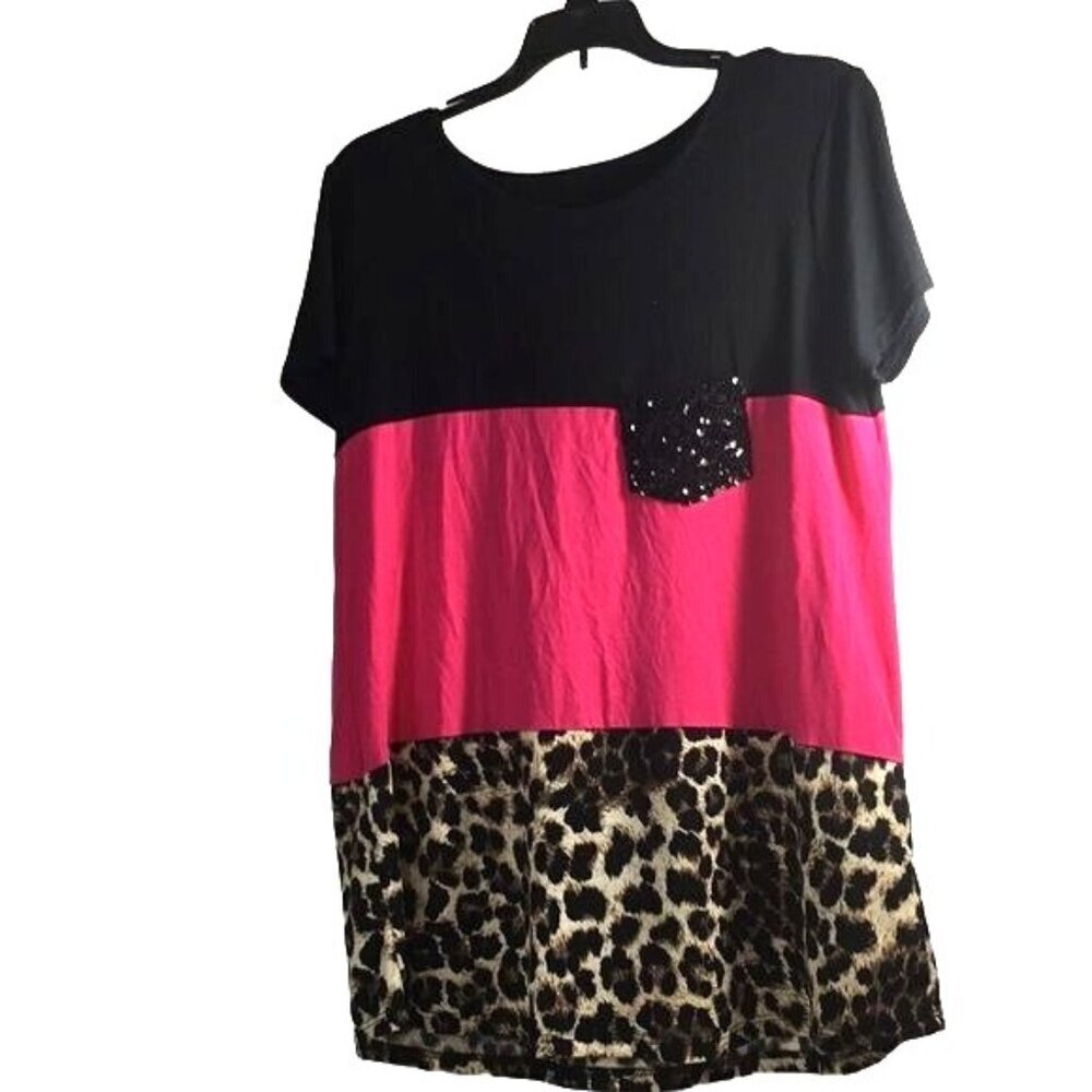 Womens Blouse Short Sleeves Sequined Pocket Round Neck Round Hem Animal Print/Pi